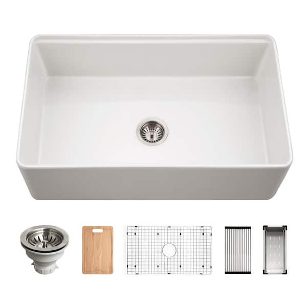 Aspire 33 in. Matte Gray Fireclay Farmhouse Apron Front Single Bowl Workstation Sink with Accessories - PTW-3320S GR