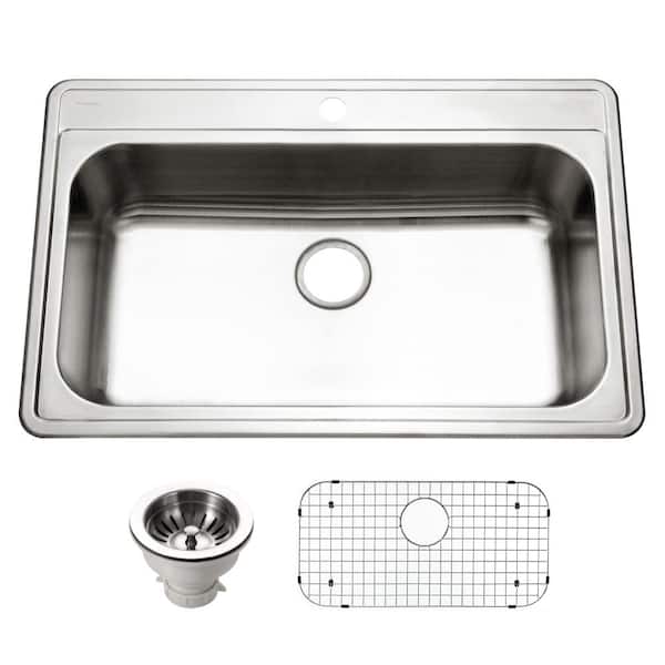 Houzer 33 in. Stainless Steel Drop-in 1 Hole Single Bowl Kitchen Sink Includes Strainer and Grid - PGS-3122-1-C