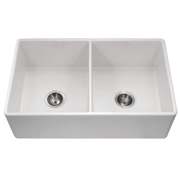 Houzer Platus 33 in. White Fireclay Apron Front Farmhouse 50/50 Double Bowl Kitchen Sink - PTD-4400 WH