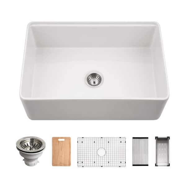 Aspire 30 in. White Fireclay Farmhouse Apron Front Single Bowl Workstation Sink with Accessories - PTW-3020S WH